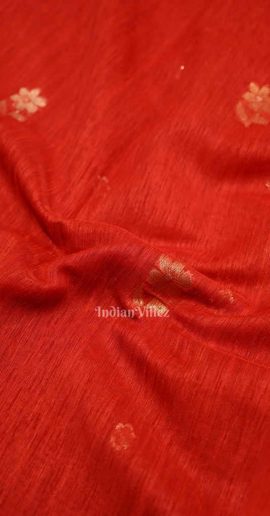 Red Linen Cotton Saree with Gold Zari Floral Pallu
