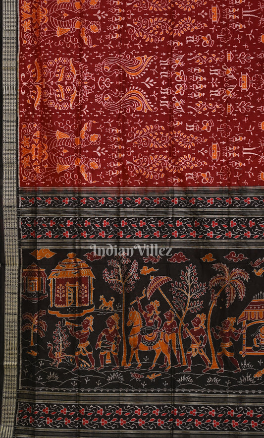 Maroon Black Tribal Diwali Theme Sambalpuri Silk Saree with Doli Barat Anchal
