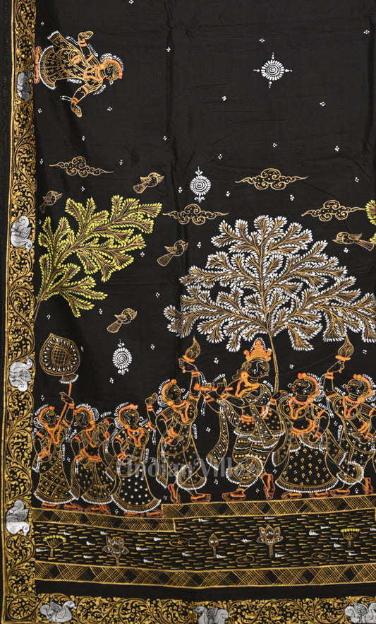Black Krishna Raas Leela Hand-Painted Pattachitra Saree