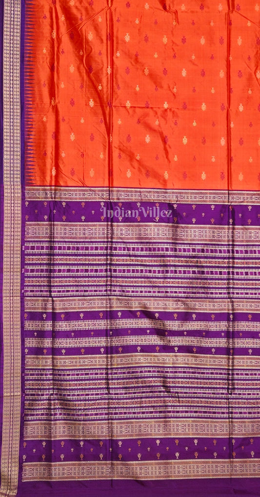 Exclusive Orange Purple Leaf Motif Odisha Ikat Bomkai Sambalpuri Silk Saree