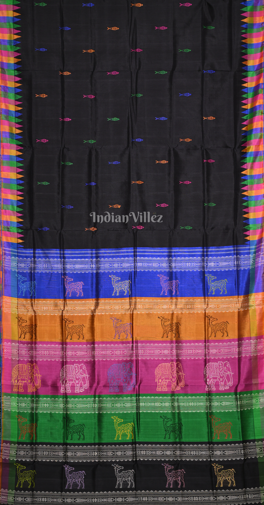 Black with Multi Colour Fish Motif Double Pallu Berhampuri Silk Saree