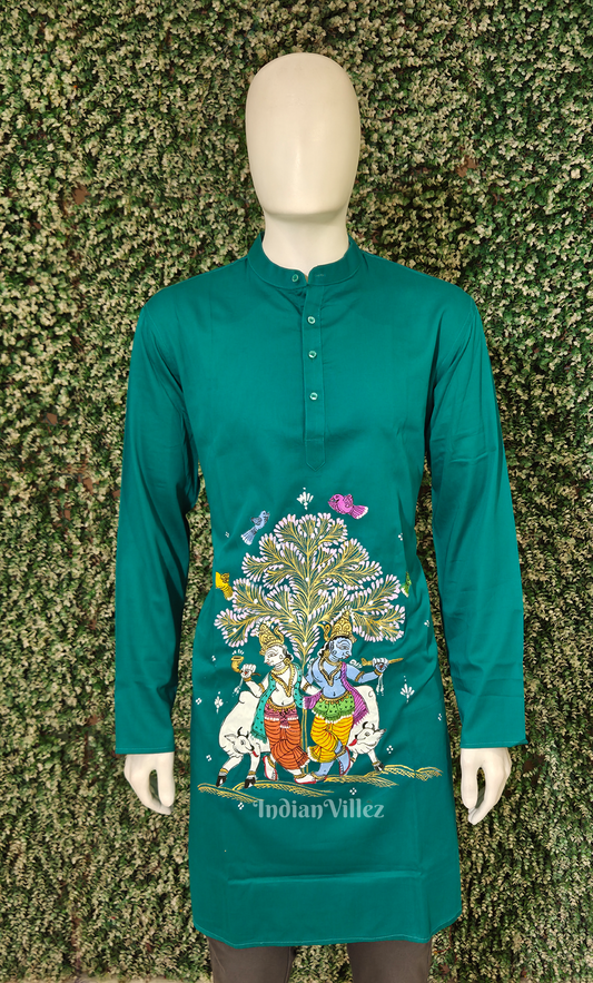 Rama Green Krishna Murali Theme Hand-Painted Pattachitra Kurta