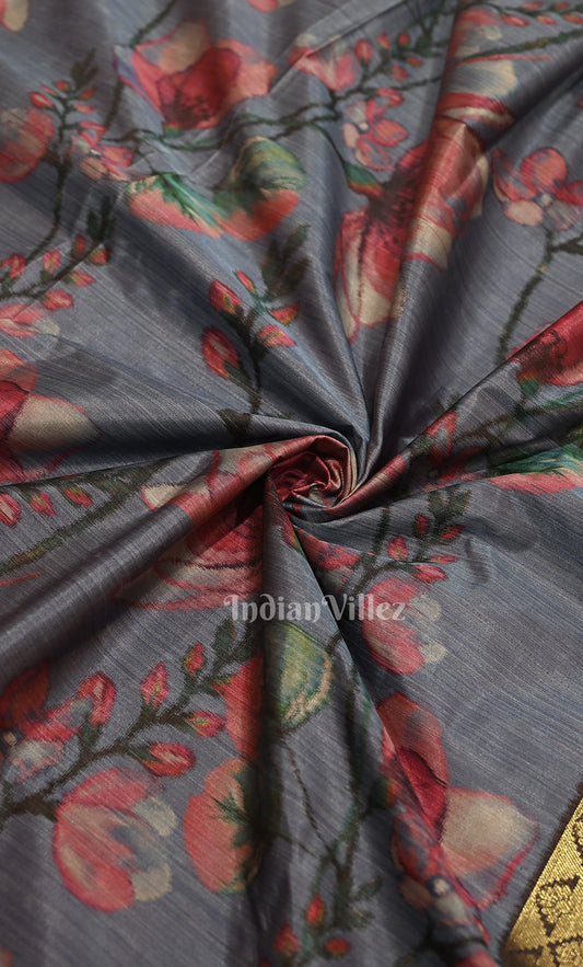 Grey Digital Print Kanjivaram Silk Saree