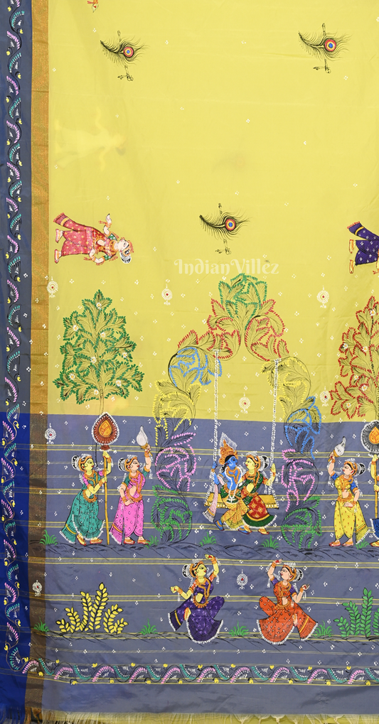Lemon Green Blue Radha krishna Doli Theme Hand-Painted Pattachitra Saree