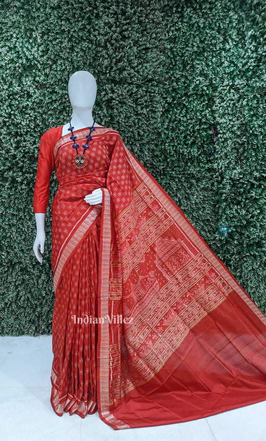 Red Odisha Ikat Sambalpuri Silk Saree with Boita Bandana Anchal