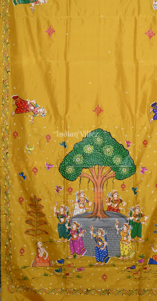 Mustard Yellow Vat Savitri Theme Hand-Painted Pattachitra Saree