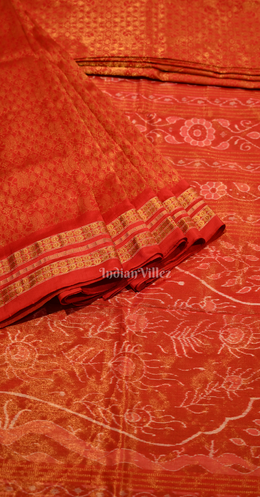 Exclusive Bridal Red Tissue Sambalpuri Silk Saree with Peacock Anchal