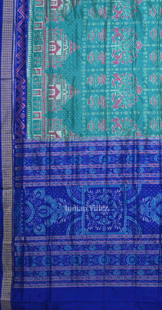Sea Green Blue Konark Temple Theme Odisha Ikat Sambalpuri Silk Saree