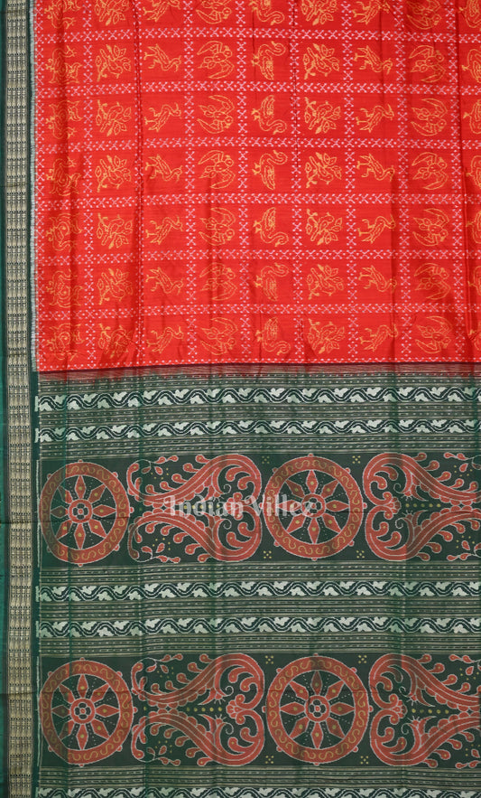 Red Green Nabakothi Odisha Ikat Sambalpuri Silk Saree
