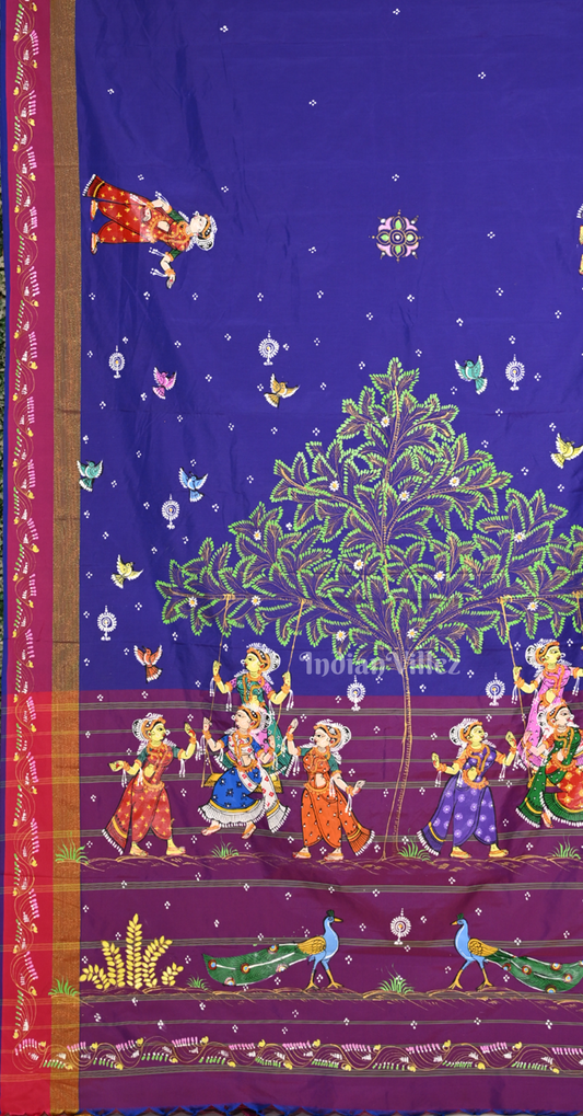 Blue Magenta Pink Raja Doli Theme Hand-Painted Pattachitra Saree