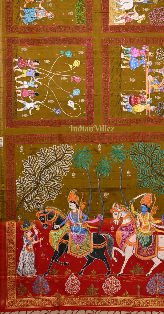 Moss Green Red Hindu Festival Hand-Painted Pattachitra Saree