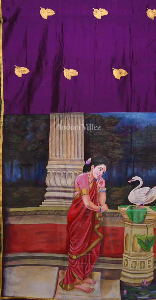 Purple Damayanti and Swan Theme Hand-painted Pattachitra Saree