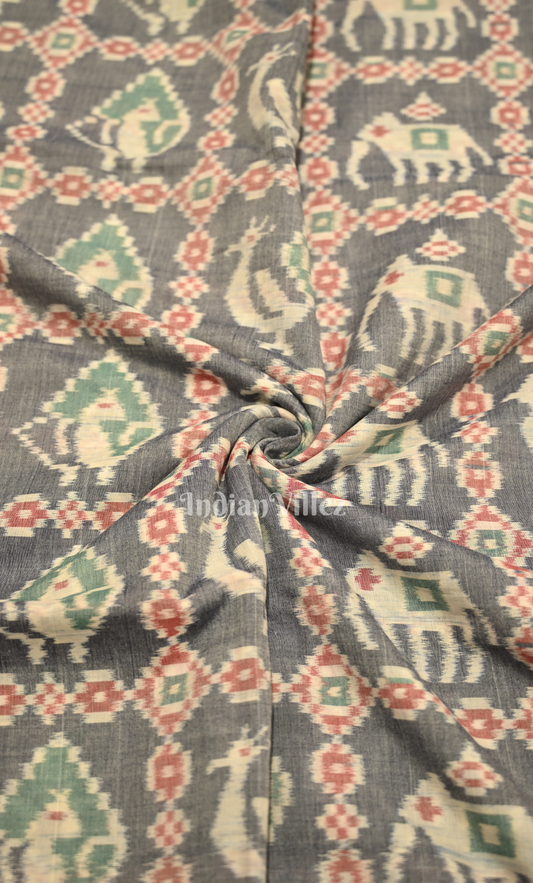 Grey Jungle Theme Odisha Ikat Sambalpuri Cotton Fabric