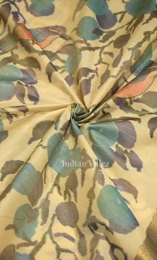 Cream Floral Digital Print Kanjivaram Silk Saree