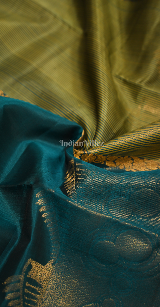 Peacock Blue Mehendi Green Zari Pure Kanjivaram Soft Silk Saree