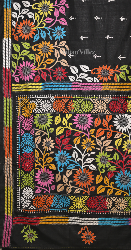 Black Floral Handwoven Kantha Stitch Silk Saree
