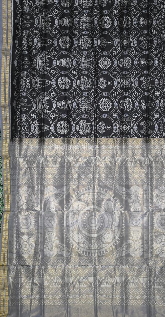 Black White Jhoti Motif Odisha Ikat Sambalpuri Silk Saree