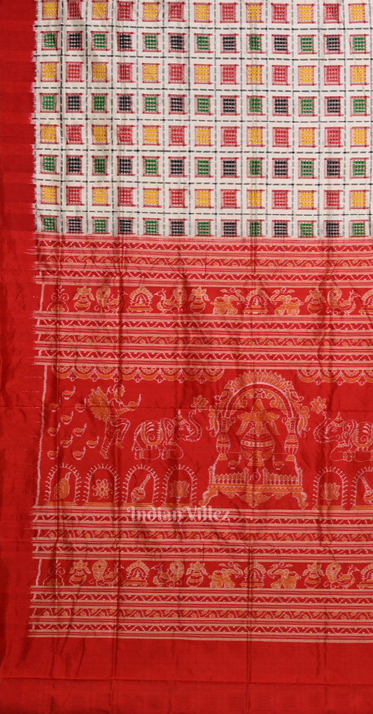 White Red Mini Aswini Odisha Ikat Sambalpuri Silk Saree