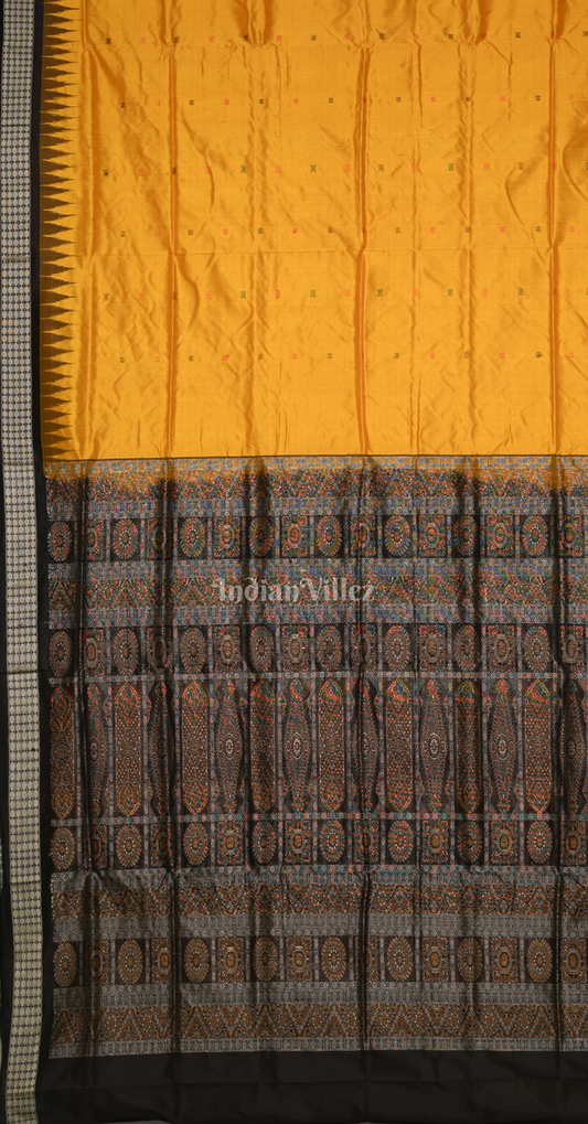 Mustard Yellow Black Tribal Theme Odisha Ikat Bomkai Sambalpuri Silk Saree