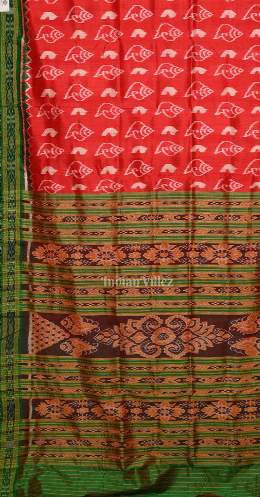 Red Green Sankha Motif Odisha Ikat Khandua Silk Saree