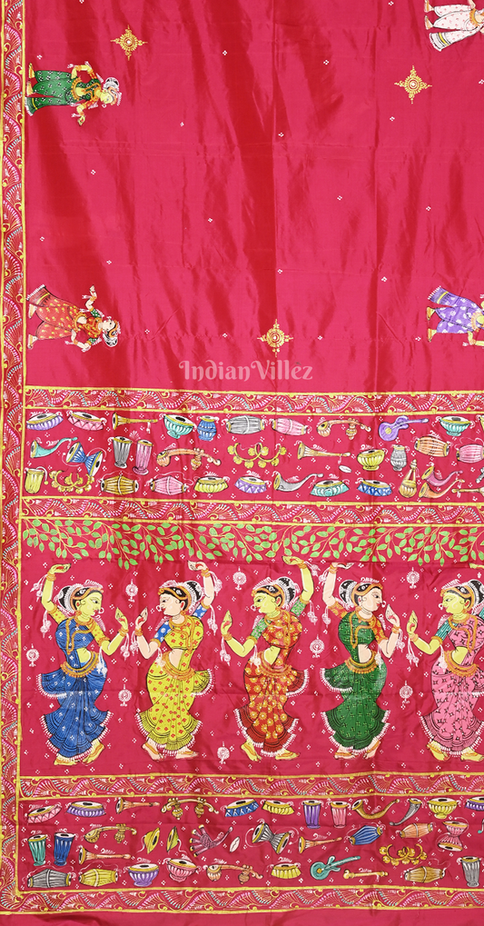 Red Nartaki Theme Hand-Painted Pattachitra Saree