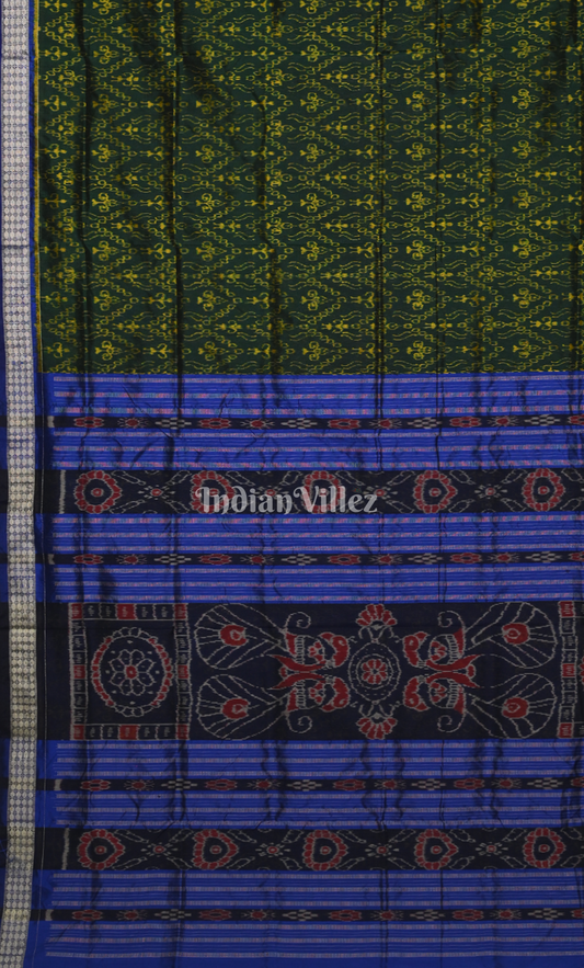 Bottle Green Blue Tribal Theme Odisha Ikat Sambalpuri Silk Saree