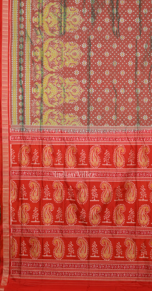 Turquoise Red Tree Scot Odisha Ikat Sambalpuri Silk Saree