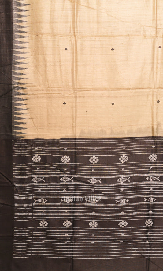 Beige Black Gopalpur Tussar Silk Saree with Fish Motif Anchal