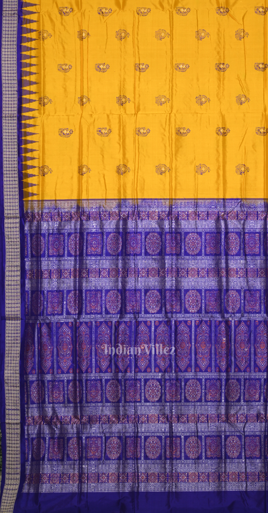 Mustard Yellow Blue Parsley Design Odisha Ikat Bomkai Sambalpuri Silk Saree