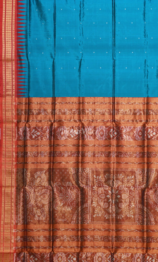 Peacock Blue Red Buti Odisha Ikat Bomkai Half Tissue Silk Saree