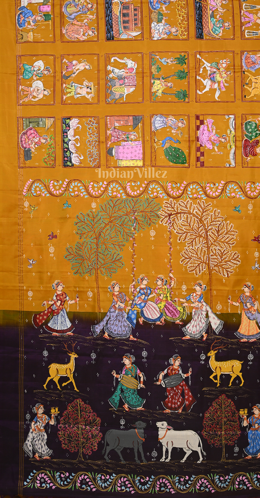 Mustard Yellow Purple Village Theme Hand- Painted Pattachitra Saree