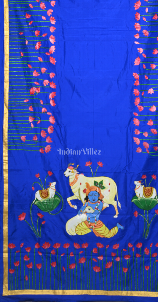 Royal Blue Pichwai Hand-Painted Pattachitra Saree