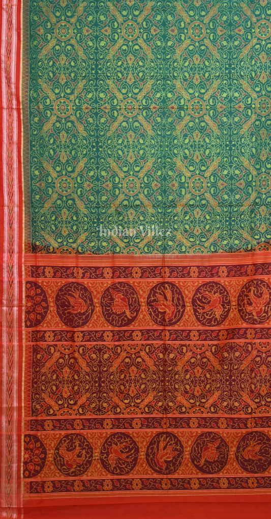 Green Red Floral Motif Odisha Ikat Sambalpuri Cotton Saree