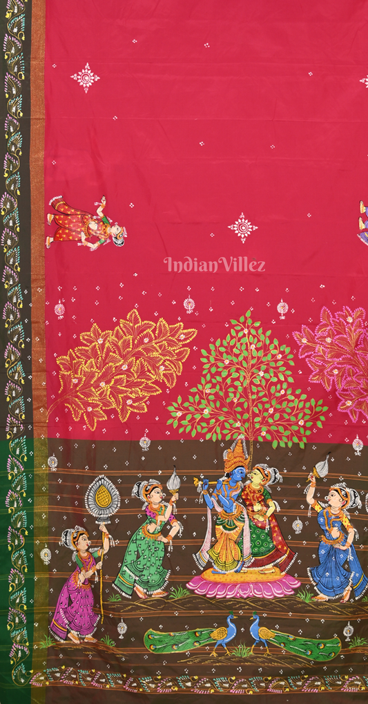 Rani Pink Brown Radha Krishna Raas Hand-Painted Pattachitra Saree
