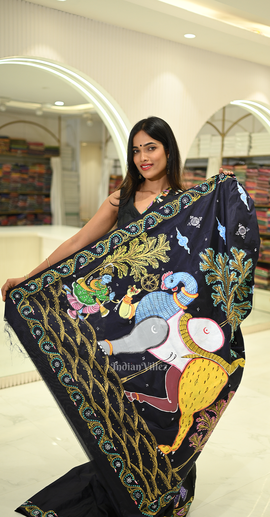 Dark Blue Arjuna Bows to Navagunjara Hand-Painted Pattachitra Saree