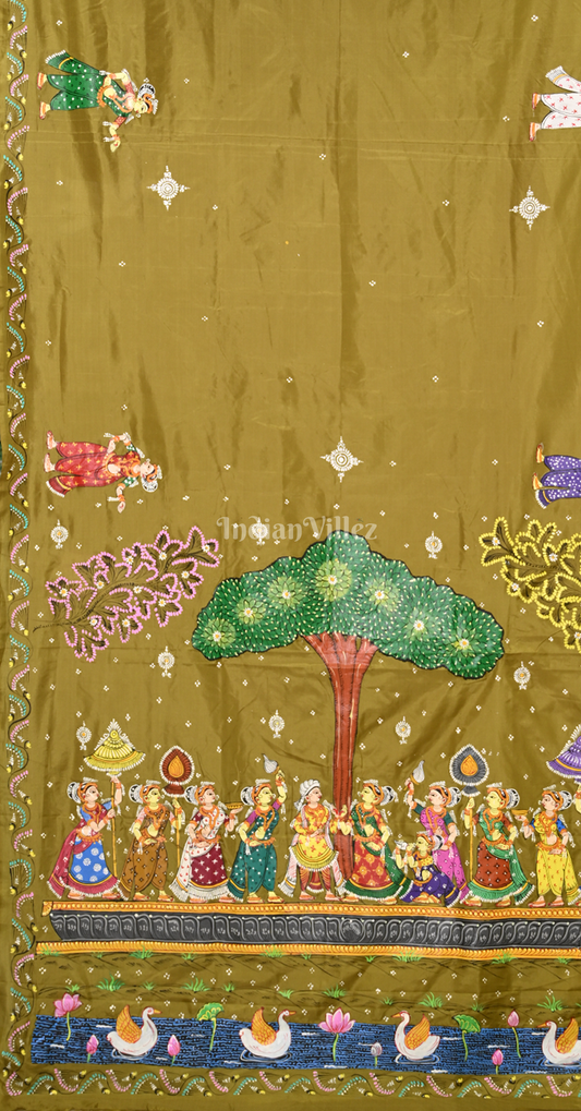 Mehendi Green Nauka Vihar Hand-painted Pattachitra Saree