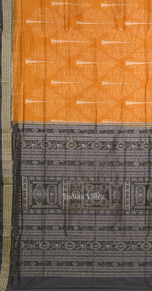 Mustard Yellow Black Tree Design Odisha Ikat Sambalpuri Silk Saree