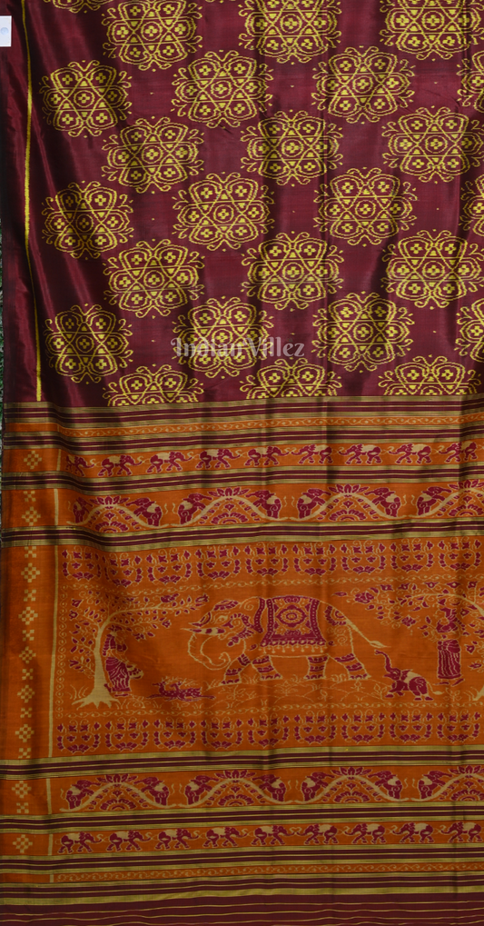 Maroon Yellow Odisha Ikat Contemporary Designer Silk Saree