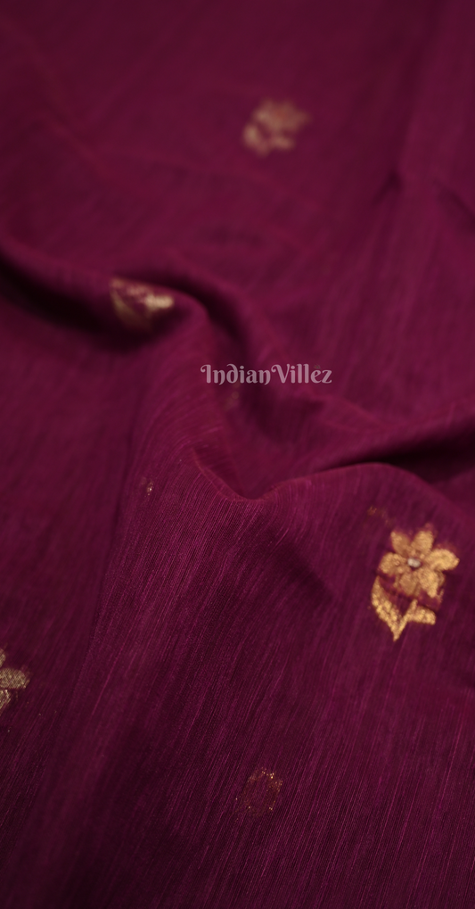 Purple Wine Linen Cotton Saree with Gold Zari Floral Pallu