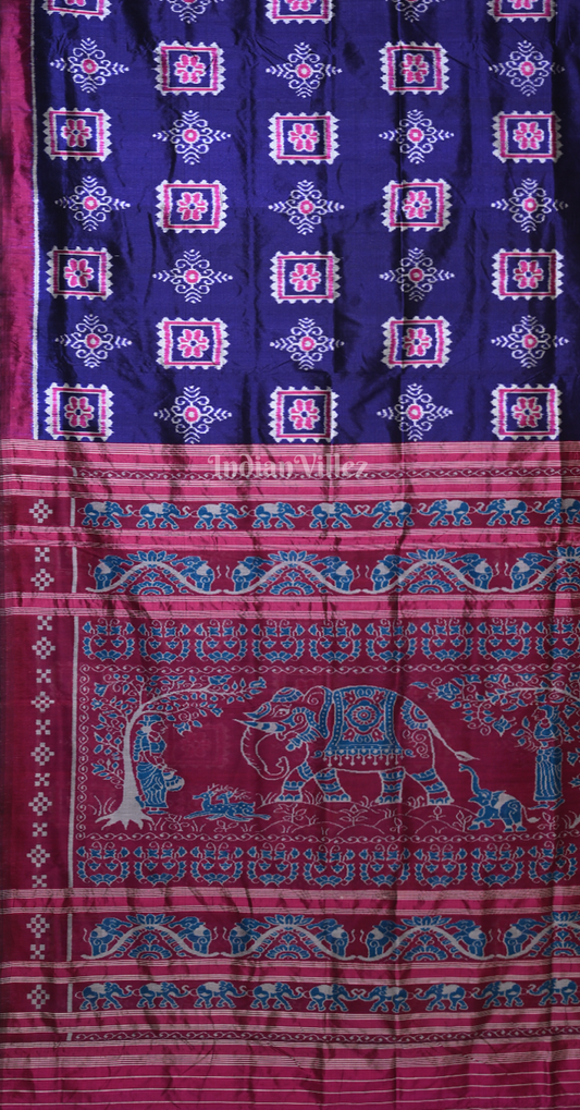 Blue Magenta Pink Odisha Ikat Contemporary Designer Silk Saree with Elephant Anchal