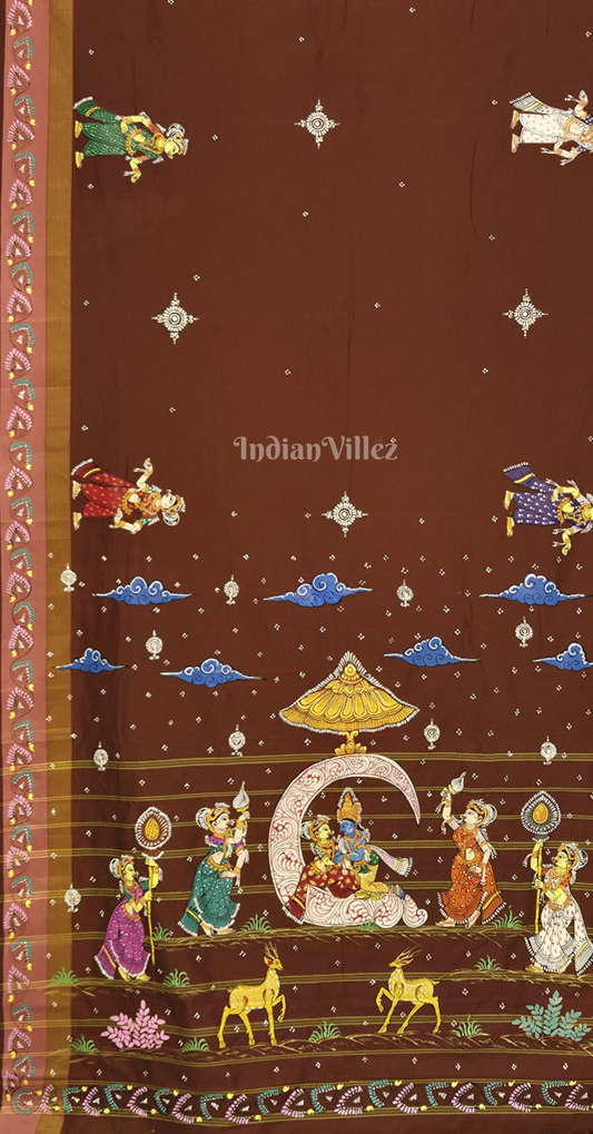 Chocolate Brown Ardha Chandra Krishna Rasa Leel Hand-Painted Pattachitra Saree
