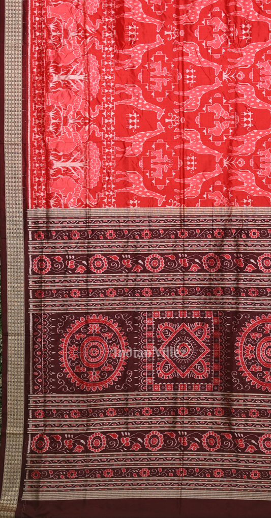 Red Coffee Animal Theme Odisha Ikat Sambalpuri Silk Saree