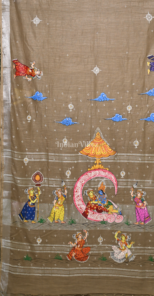 Mashroom Brown Ardha Chandra Krishna Rasa Leela Hand-Painted Pattachitra Saree