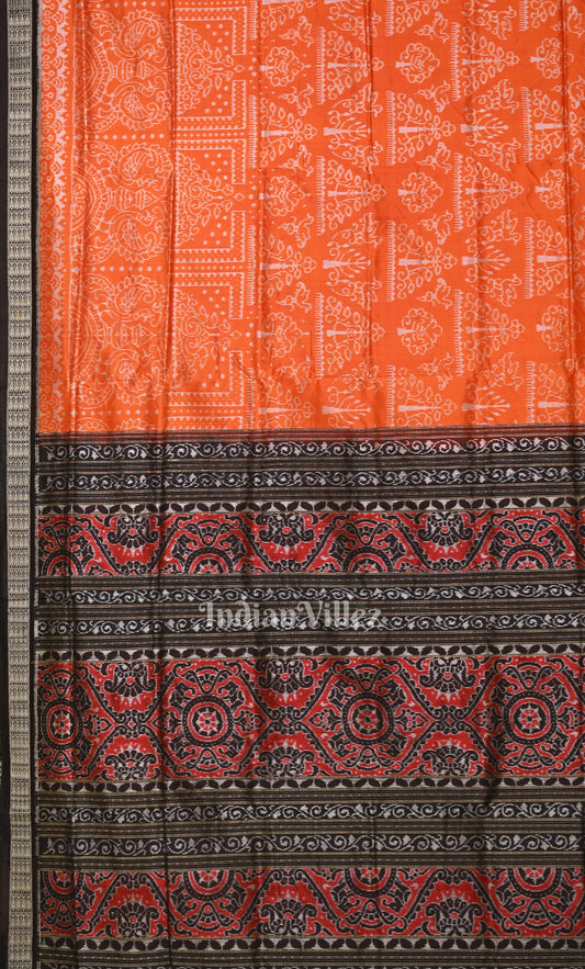 Orange Black Tribal Theme Odisha Ikat Sambalpuri Silk Saree