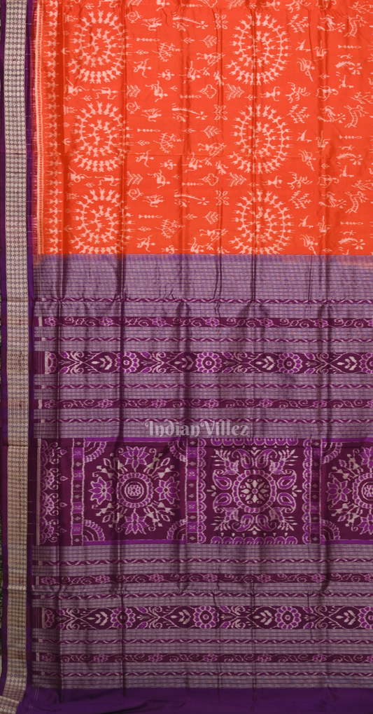 Orange Purple Tribal Theme Odisha Ikat Sambalpuri Silk Saree
