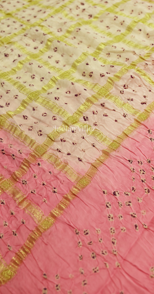 White Pink Bandhej Ghatchola Gaji Silk Saree with Zari Work