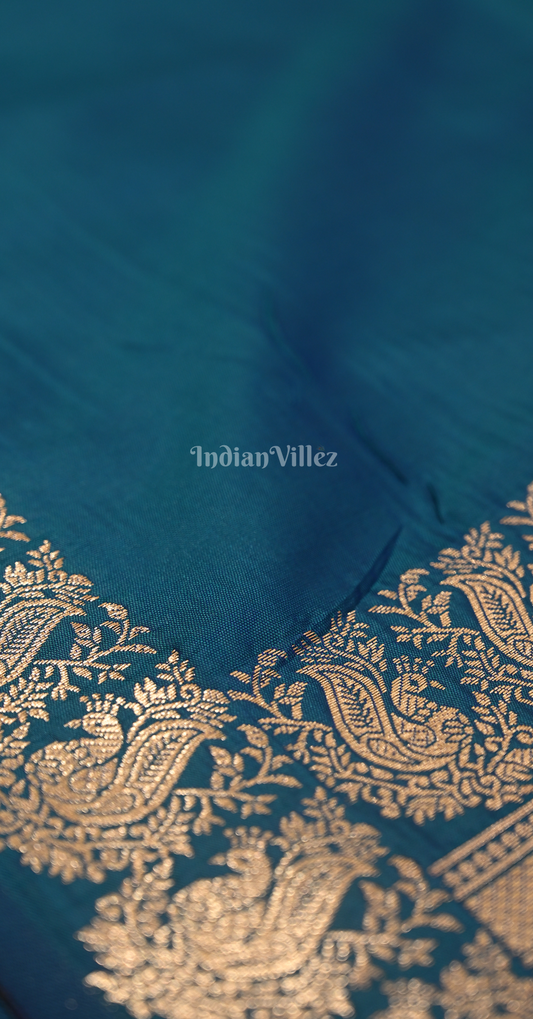 Peacock Blue Peacock Design Pure Mashru Satin Silk Banarasi Saree