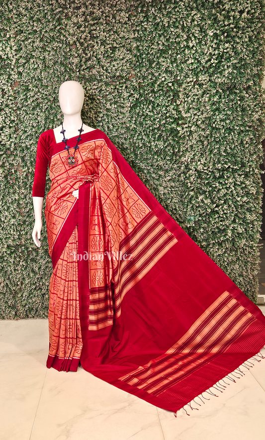 Peach Red Nabakothi Odisha Ikat Contemporary Designer Silk Saree
