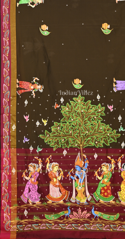 Moss Green Maroon Krishna Raas Hand-Painted Pattachitra Saree