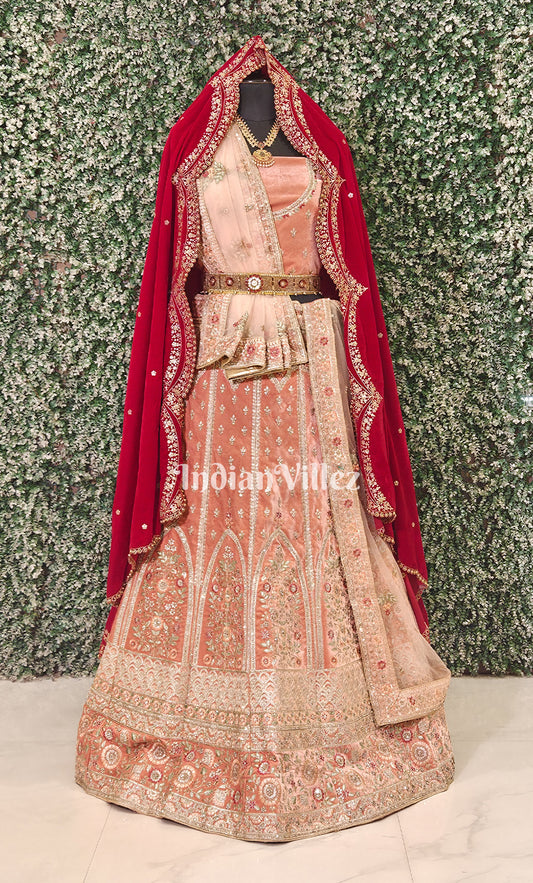 Exclusive Designer Peach Pink Red Lehenga Choli With Dupatta